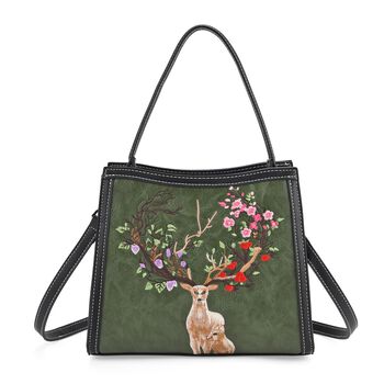 Bestickte Crossbody Tasche, Kunstleder, Rentier Design, 25 x 11 x 21 cm, Gr&uuml;n