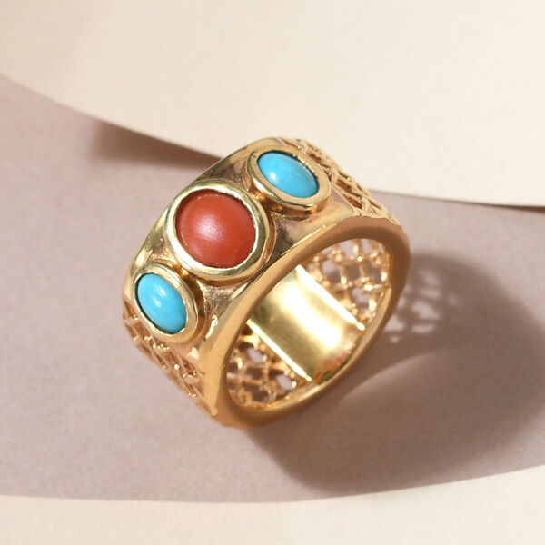 Koralle und nat&uuml;rlicher, Sleeping Beauty T&uuml;rkis Ring 925 Silber vergoldet  ca. 1,77 ct image number 2