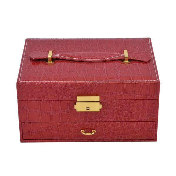 2-lagige Schmuckschatulle mit Kroko-Pr&auml;gung und Schloss mit Schl&uuml;ssel, Rot image number 2