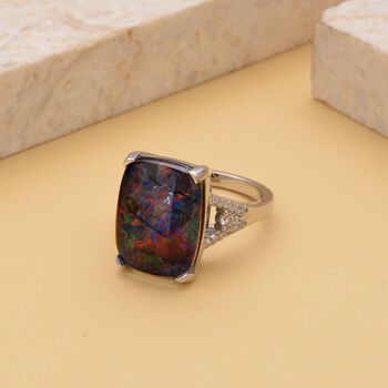 Boulder Opal Triplett und Zirkon-Ring, 925 Silber rhodiniert, 7,09 ct.