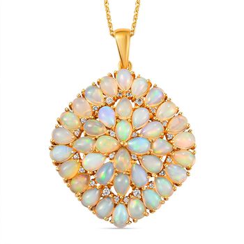 Nat&uuml;rlicher, &auml;thiopischer Welo Opal und wei&szlig;er Zirkon-Anh&auml;nger mit Kette, 925 Silber vergoldet ca. 9.01 ct