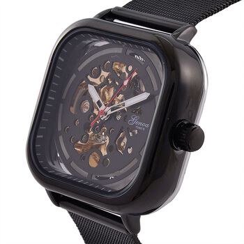 GENOA TIME V2 42mm Automatische Mechanikuhr - Schwarzes hohles Zifferblatt, Geh&auml;use aus Legierung mit IPS-Beschichtung, Edelstahl-Mesh-Armband, 3 ATM wasserdicht, 8.5 cm, schwarz