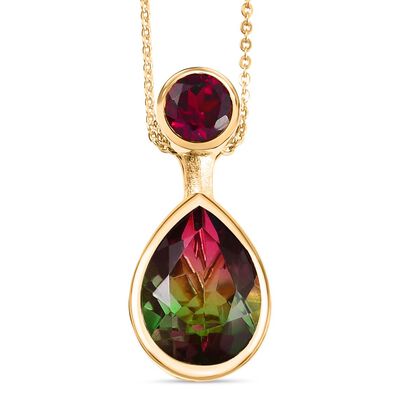 Blossom Drop - D'joy Wassermelonen Quarz Triplette, Nat&uuml;rlicher Rhodolith Granat Anh&auml;nger mit Kette ca. 50 cm, 925 Silber 750 Gelb Vergoldet ca. 7.28 ct