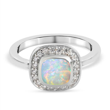 Nat&uuml;rlicher &Auml;thiopischer Opal und Zirkon Halo Ring 925 Silber platiniert (Gr&ouml;&szlig;e 16.00) ca. 0,98 ct