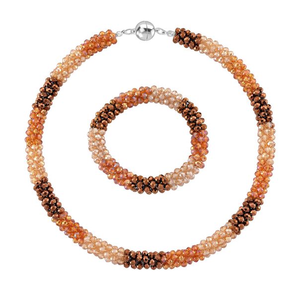 2er Set - Mehrfarbiger Kristall Halskette und Armband, flexibel, Orange-Gr&uuml;n