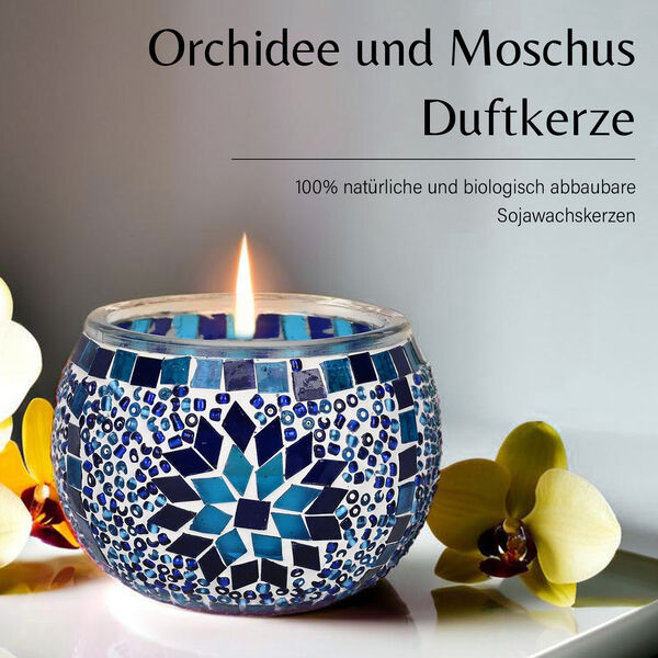 Handgefertigte Mosaikglas im orientalischen Stil mit Vanille Sojawachs-Duftkerze, 10 x 8 cm image number 2