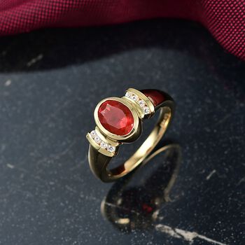 Djoy AAA Blaze Feueropal, Wei&szlig;er Zirkon Ring 925 Silber 750 Gelbgold Vermeil (Gr&ouml;&szlig;e 17.00) ca. 1,01 ct