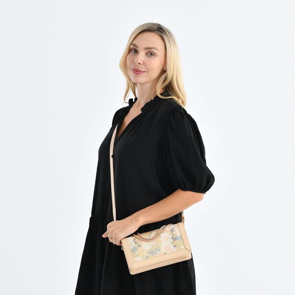 LA MAREY Brokat Crossbody Tasche aus Seide und Echtleder, 23x13x7cm, Beige image number 2