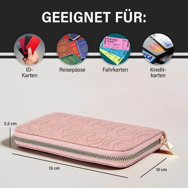 Lange Brieftasche aus naturfreundlichem Kunstleder, 19x2.5x10cm, florales Muster, rosa image number 3