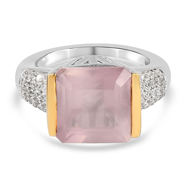 Rosenquarz und wei&szlig;er Zirkon-Ring, 925 Silber Bicolor  ca. 6,85 ct