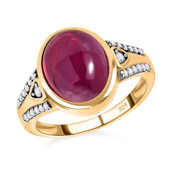 AA Afrikanischer Rubin (Fissure gef&uuml;llt), wei&szlig;er Zirkon Ring, 925 Silber Gelbgold Vermeil (Gr&ouml;&szlig;e 17.00) ca. 5.65 ct