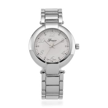 GENOA TIME V2 Uhr mit Japanischem Miyota 2035 Werk, Zifferblatt Silber mit Hydraulik-Design und Wei&szlig;en Kristallen, Edelstahlarmband Silberfarben, 3 ATM wasserdicht