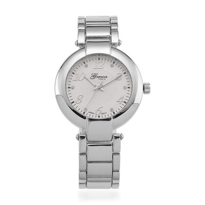 GENOA TIME V2 Uhr mit Japanischem Miyota 2035 Werk, Zifferblatt Silber mit Hydraulik-Design und Wei&szlig;en Kristallen, Edelstahlarmband Silberfarben, 3 ATM wasserdicht