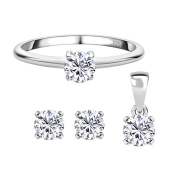 3er-Set aus rhodiniertem Silber mit Moissanit-Ring, -Anh&auml;nger und -Ohrringen - 1,70 Karat.