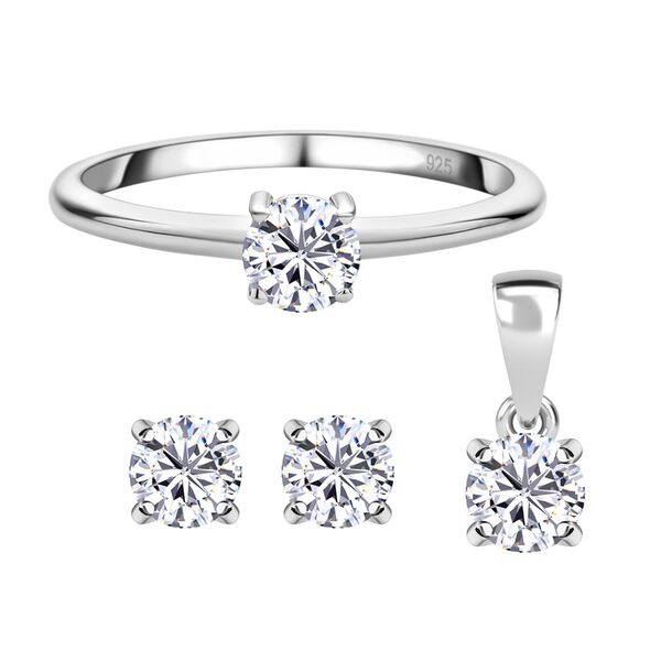 3er-Set aus rhodiniertem Silber mit Moissanit-Ring, -Anh&auml;nger und -Ohrringen - 1,70 Karat.