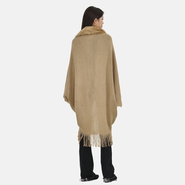 LA MAREY luxuri&ouml;ser Kunstfell-Kimono mit Fransen, Beige image number 2