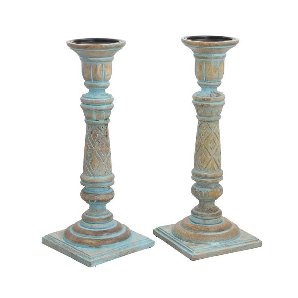 Set aus 2 antiken geschnitzten Holzkerzenhaltern mit quadratischem St&auml;nder, 38cm, Altblau image number 4