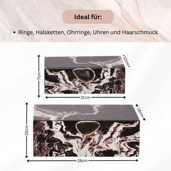 2er-Set Glas-Schmuckbox mit Marmormuster, 28x18x10cm (L) und 21x12x7cm (S), Schwarz