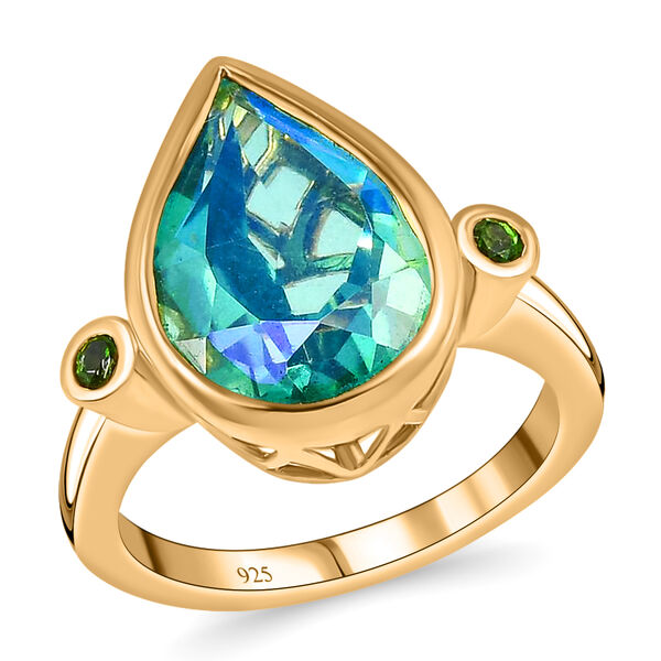 Pfau Quarz Triplette, nat&uuml;rlicher Chromdiopsid Ring, 925 Silber vergoldet, (Gr&ouml;&szlig;e 19.00), ca. 6.02 ct image number 4