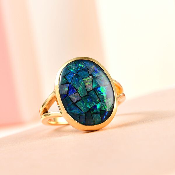 Mosaik-Opal Solit&auml;r-Ring, 925 Silber Gelbgold Vermeil, 5,43 ct. image number 2