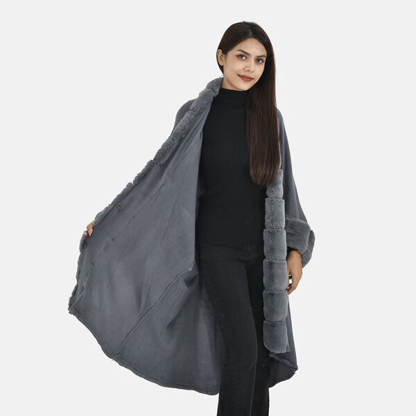 LA MAREY - Stilvoller langer Mantel mit Kunstpelzrand, 108x100cm, dunkelgrau image number 4