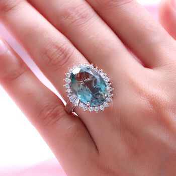 Aqua Terra Costa Quarz Triplett und Zirkon-Halo-Ring, 925 Silber vergoldet, 14,79 ct.