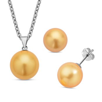 2er Set - Goldene Muschelkernperlen-Anh&auml;nger und Ohrringe, 925 Silber rhodiniert und Edelstahl