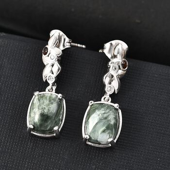 Viktorianische Bl&uuml;te - Sibirischer Seraphinite, Rote Granat Ohrringe, 925 Silber platiniert ca. 6,61 ct