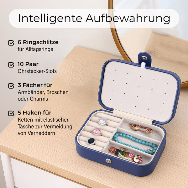 Schmuckbox aus PU-Leder in Blau mit Druckknopfverschluss, 16,5x11,5x5,5cm, inkl. 10 Silberputzt&uuml;cher image number 3