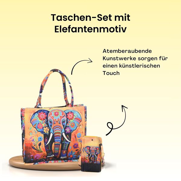 2-teiliges Taschenset - 40x12x35cm Shopper und 20x11x2cm Handytasche, Elefantenmotiv image number 1