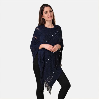 TAMSY- Strick-Poncho mit Perlen, Blau