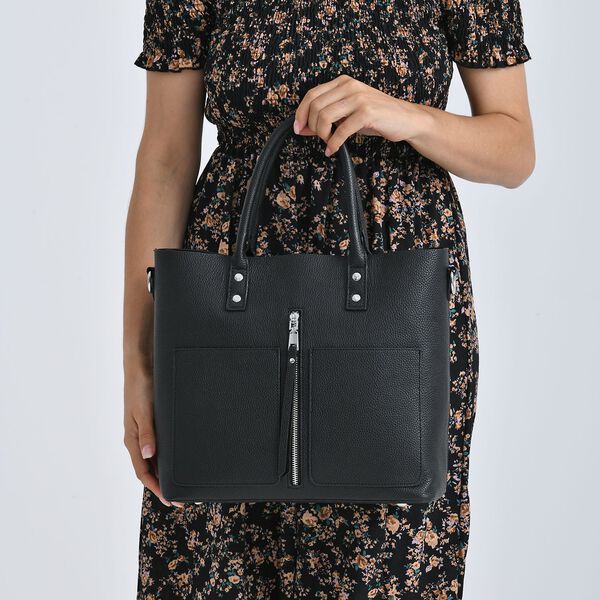 Echtleder Crossbody Tasche, mehrere Fächer, Reißverschluss vorne, 31 x 12.5 x 29 cm, Schwarz image number 4