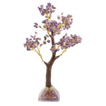LIVMORE Edelsteinbaum mit Orgonit Basis, Amethyst, Sieben Chakren, 23cm, 230 Perlen, Lila