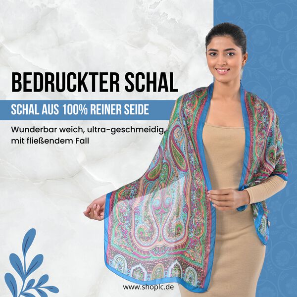 Eleganter Luxuriöser 100% Seidenschal, Größe: 160 x 49 cm, Blau-Mehrfarbig