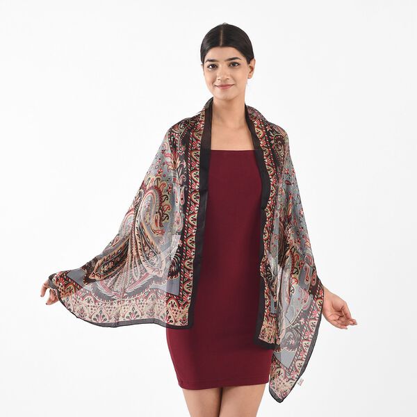 Bedruckter 100% Satin-Seidenschal mit Paisleymuster, Schwarz image number 2