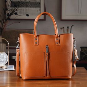 Echtleder Crossbody Tasche, mehrere Fächer, Reißverschluss vorne, 31 x 12.5 x 29 cm, Braun