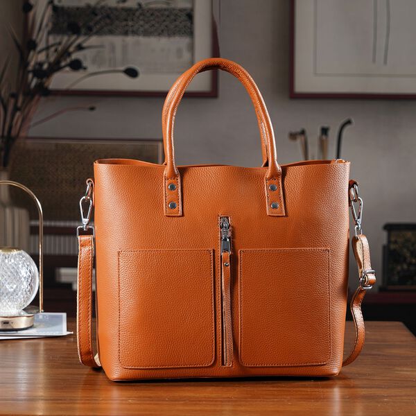 Echtleder Crossbody Tasche, mehrere F&auml;cher, Rei&szlig;verschluss vorne, 31 x 12.5 x 29 cm, Braun image number 2