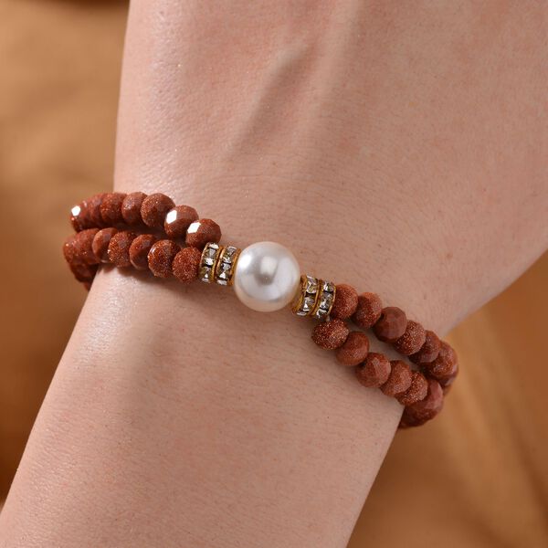 Muschelkernperle-Armband mit Goldsandstein und Weißem Kristall, flexibel, vergoldet image number 2