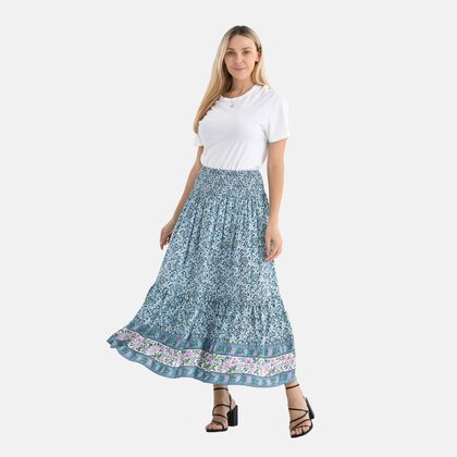 Maxirock mit floralem Print und elastischem Bund, 90 cm L&auml;nge, 100% Viskose, Einheitsgr&ouml;&szlig;e, Blau