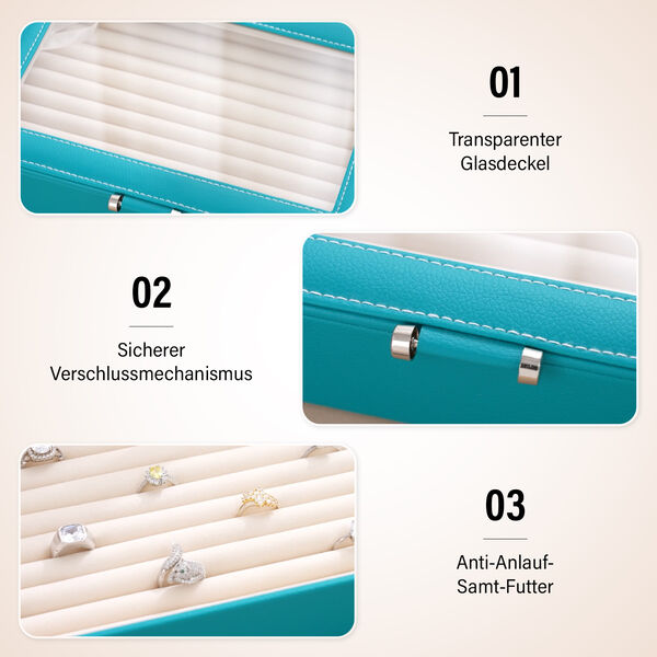 Schmuck-Ringbox aus Kunstleder mit Glasdeckel, 26,7x17,8x5,5cm, T&uuml;rkisgr&uuml;n image number 2