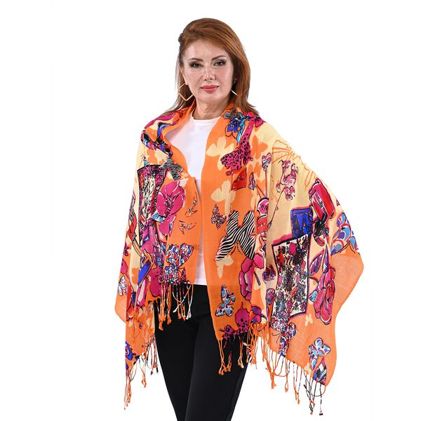 LA MAREY Damen Merino Wollschal mit Quasten, Schmetterling und Blumenmuster, Größe  67x176+9 cm, Mehrfarbig image number 3