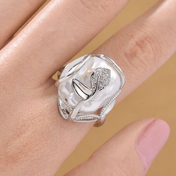 Weißer Süßwasserperle und Zirkonia flexibler Ring image number 2