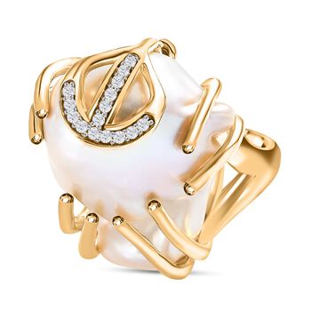 Wei&szlig;e Barockperle, Wei&szlig;er Zirkon Ring 925 Silber Gelbgold Vermeil (Gr&ouml;&szlig;e 16.00) ca. 0.60 ct