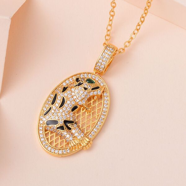 Neongr&uuml;ner Kristall, Wei&szlig;er Zirkonia Halskette ca. 50 cm, Messing emailliert, Tiger image number 1