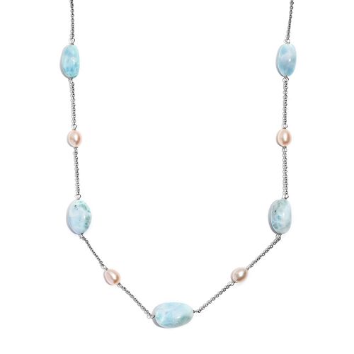 Larimar, Süßwasser Perle Halskette ca. 50 cm 925 Silber rhodiniert image number 0