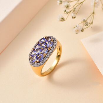 Tansanit, Wei&szlig;er Zirkon Ring 925 Silber 750 Gelbgold Vermeil (Gr&ouml;&szlig;e 18.00) ca. 2,01 ct