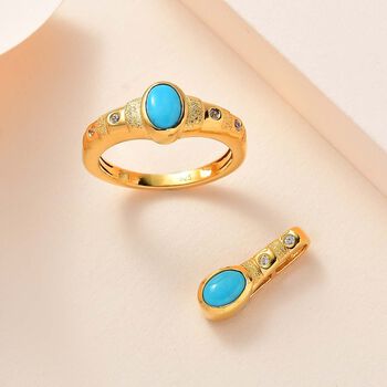 2er Set - Amerikanischer, nat&uuml;rlicher Sleeping Beauty T&uuml;rkis Ring und Anh&auml;nger, 925 Silber Gelbgold Vermeil ca. 1.02 ct