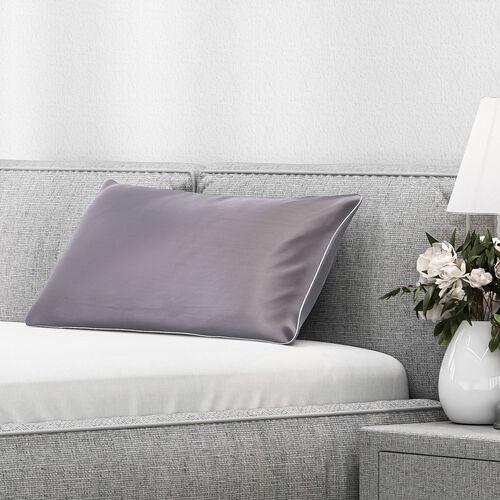 Serenity Night - Premium Collection - 1 Kissen mit 1 Kissenbezug aus 100% Maulbeerseide, mit Paspelierung, Perlmuttknöpfen und Federfüllung, 40 x 80 cm, Perlmutt