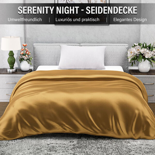 Serenity Night - 100% Maulbeerseide Sommerseidendecke mit Seidenfüllung Daunenkissen und Seidenkissenbezug Gold image number 11
