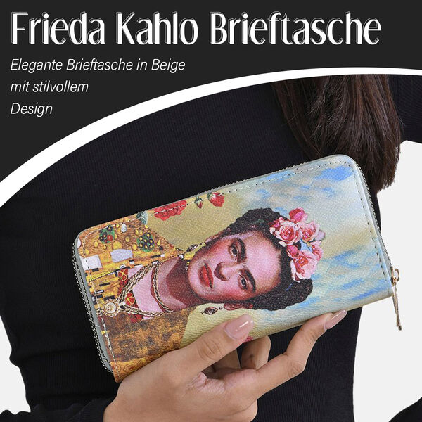 Frieda Kahlo Brieftasche mit doppeltem Rei&szlig;verschluss, mit mehreren Kartenf&auml;chern und RFID-Schutz, 19x10x4 cm, Beige image number 1